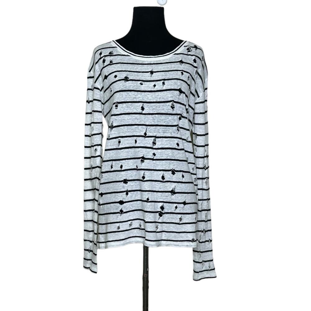 IRO white black linen stripes long sleeves distressed shirt size XS